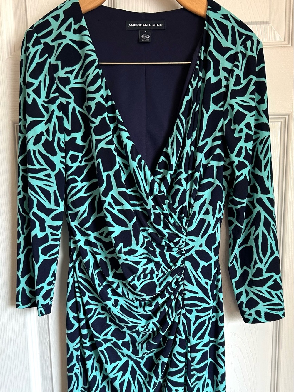 American Living Navy and Aqua Patterned 3/4 Sleeve Dress